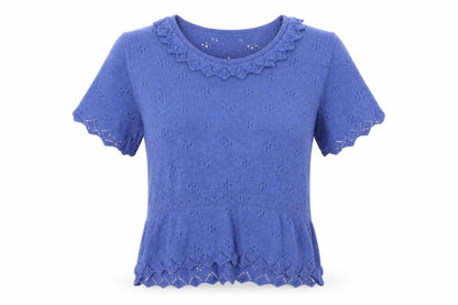 Escorpion Women Blue UK 16 Knit Ruffle Neck Short Sleeve Top