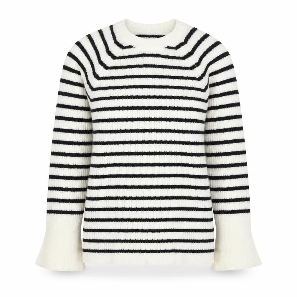 Front view of Dorothy Perkins Women’s Ivory Black Stripe Bell Sleeve Jumper UK 12