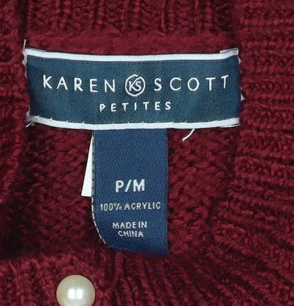 Karen Scott Women Red Petite M Cable Knit Mock Neck Henley Jumper