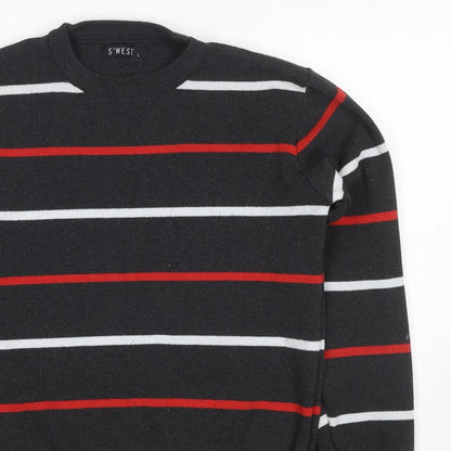 S'WEST Unisex Adults Black L Striped Crew Neck Knit Pullover Jumper