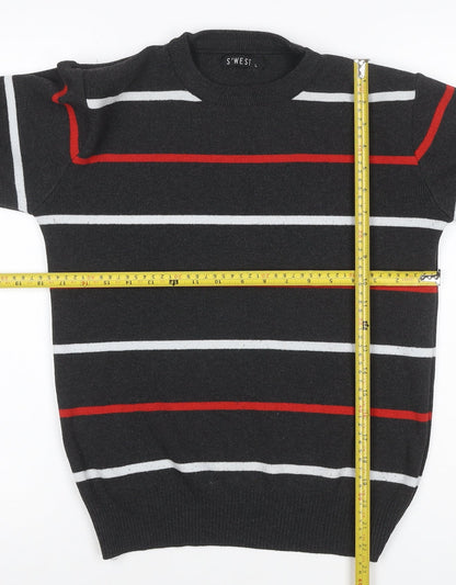 S'WEST Unisex Adults Black L Striped Crew Neck Knit Pullover Jumper
