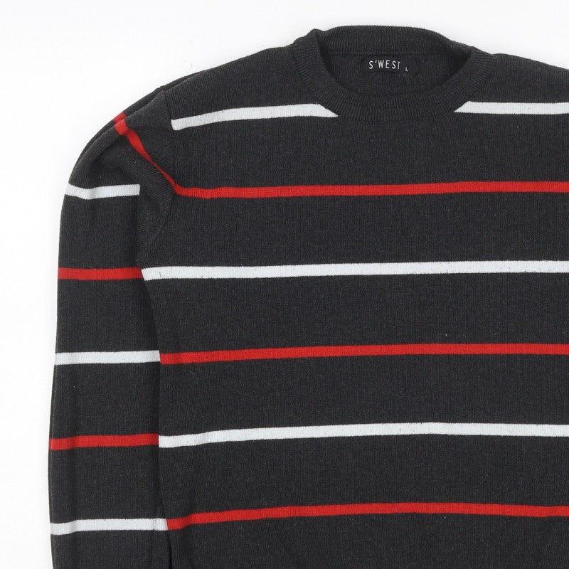 S'WEST Unisex Adults Black L Striped Crew Neck Knit Pullover Jumper