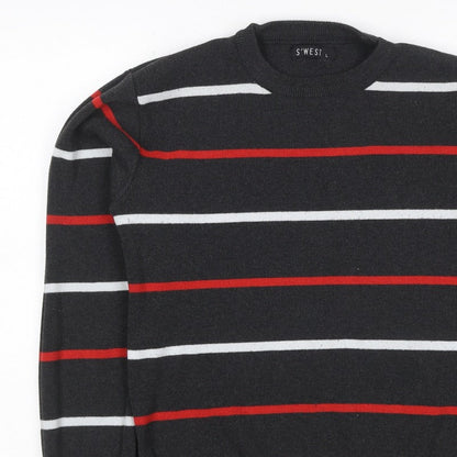 S'WEST Unisex Adults Black L Striped Crew Neck Knit Pullover Jumper