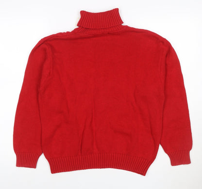 Talbots Women Red Petite L Cable Knit Roll Neck Cotton Jumper