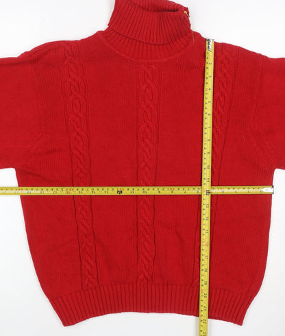 Talbots Women Red Petite L Cable Knit Roll Neck Cotton Jumper