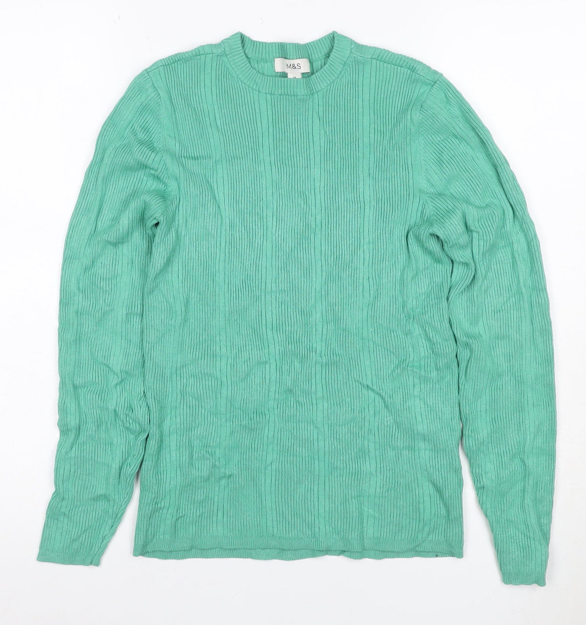 Marks & Spencer Women Green Size 14 Rib Knit Long Sleeve Basic Top