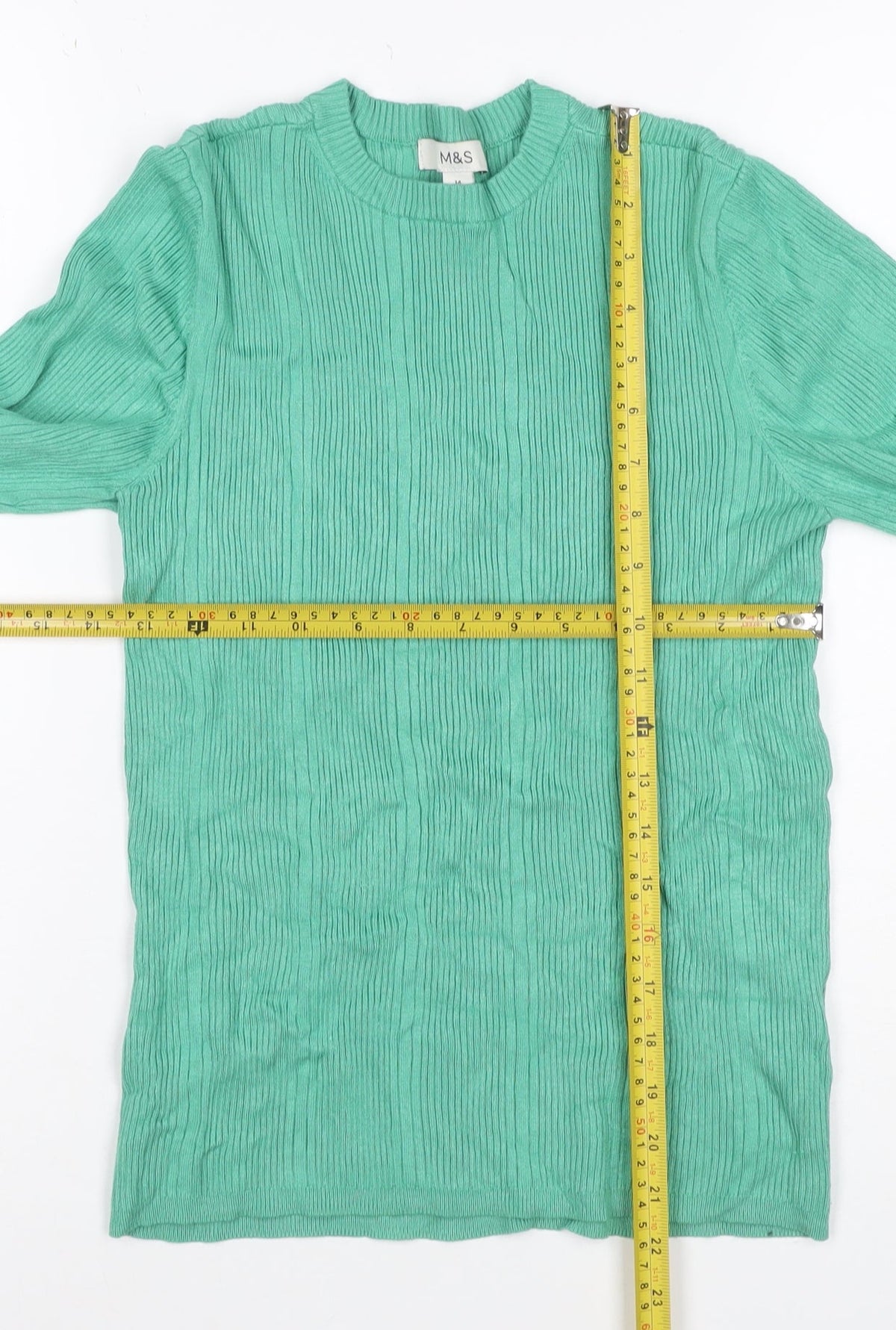 Marks & Spencer Women Green Size 14 Rib Knit Long Sleeve Basic Top