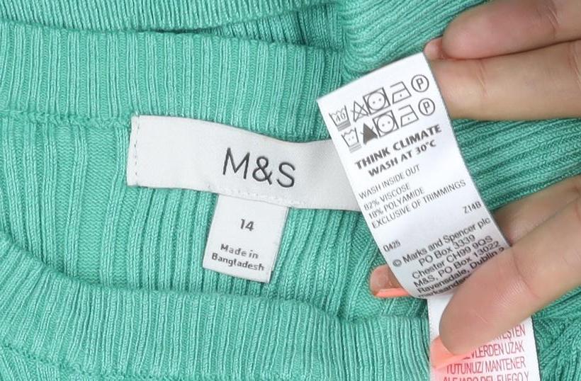 Marks & Spencer Women Green Size 14 Rib Knit Long Sleeve Basic Top