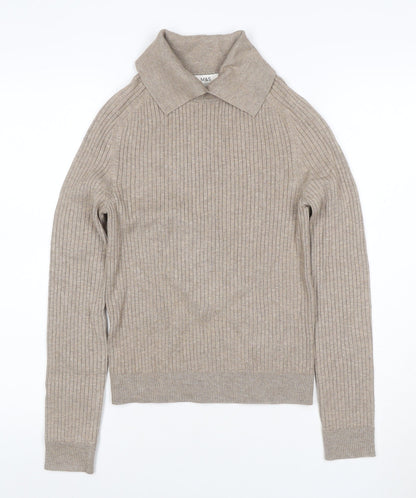 Marks & Spencer Women Beige S Rib Knit Collared Pullover Jumper