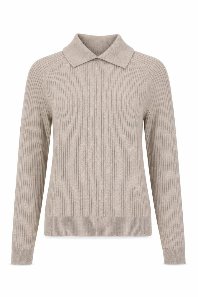 Marks & Spencer Women Beige S Rib Knit Collared Pullover Jumper