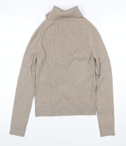 Marks & Spencer Women Beige S Rib Knit Collared Pullover Jumper