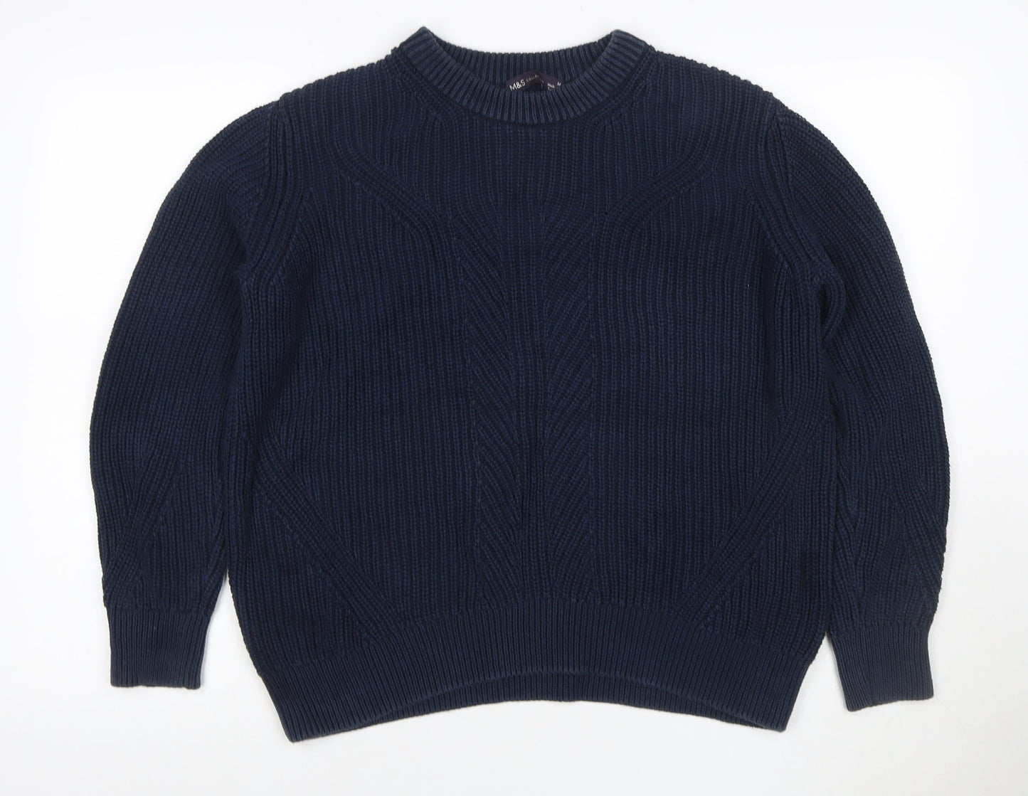 Marks and Spencer Women Blue M Cable Knit Cotton Crew Neck Jumper