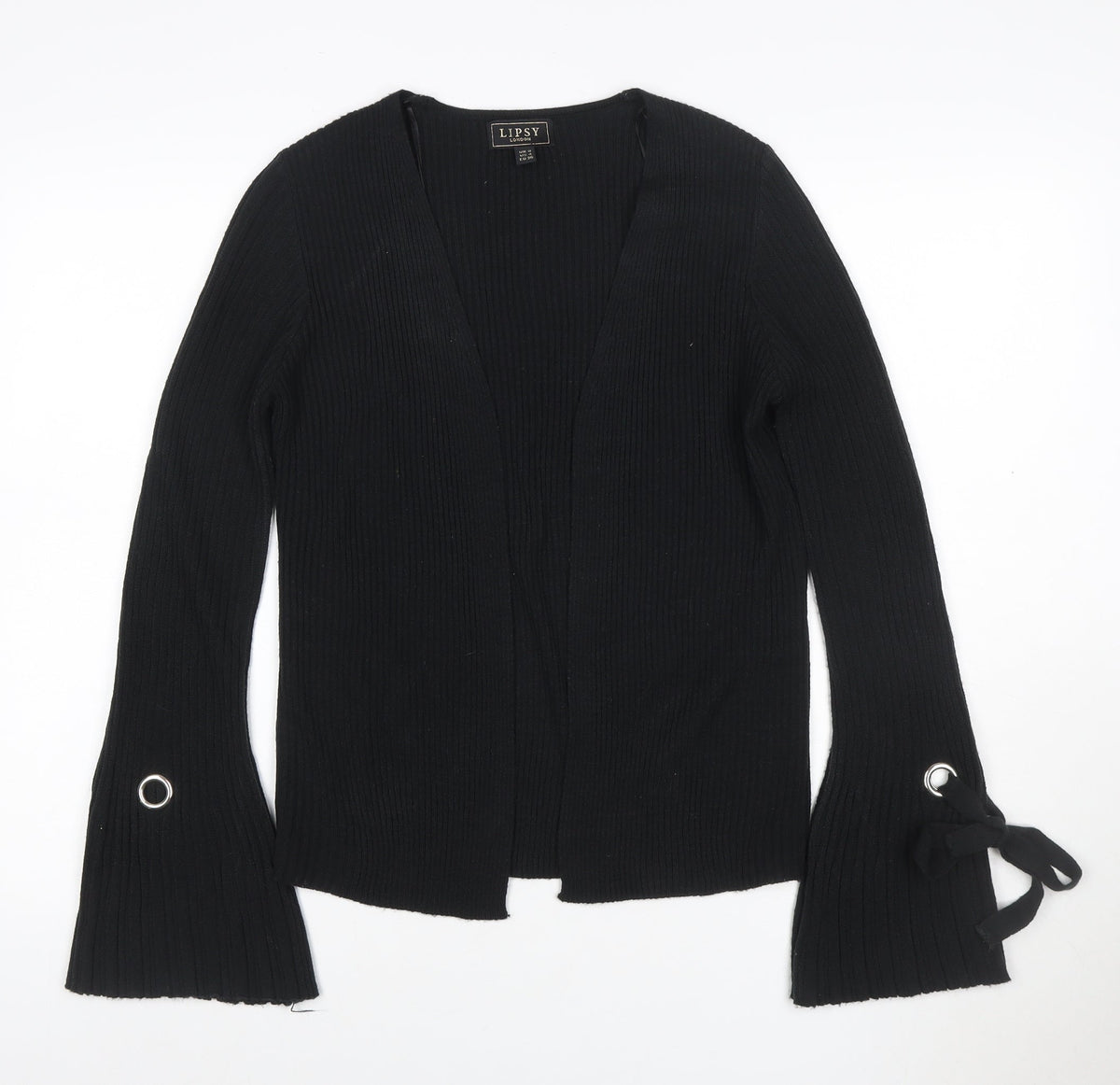 Lipsy Women’s Black UK 8 Ribbed Open V-Neck Tie Cuff Cardigan