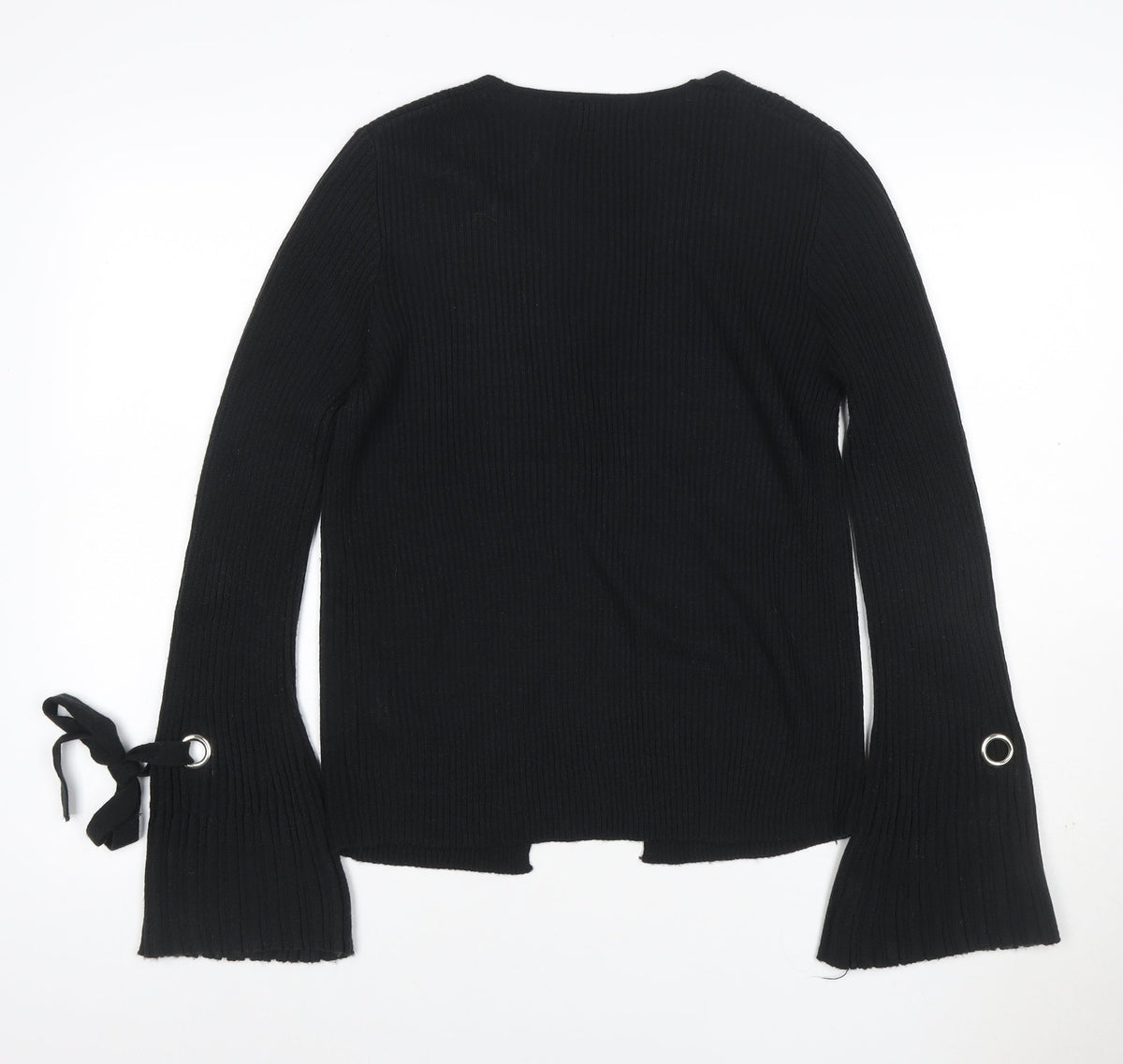 Lipsy Women’s Black UK 8 Ribbed Open V-Neck Tie Cuff Cardigan