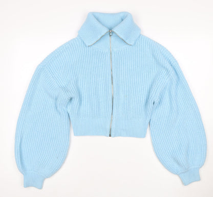 Zara Women Blue M Full Zip Roll Neck Chunky Knit Balloon Sleeve Jumper