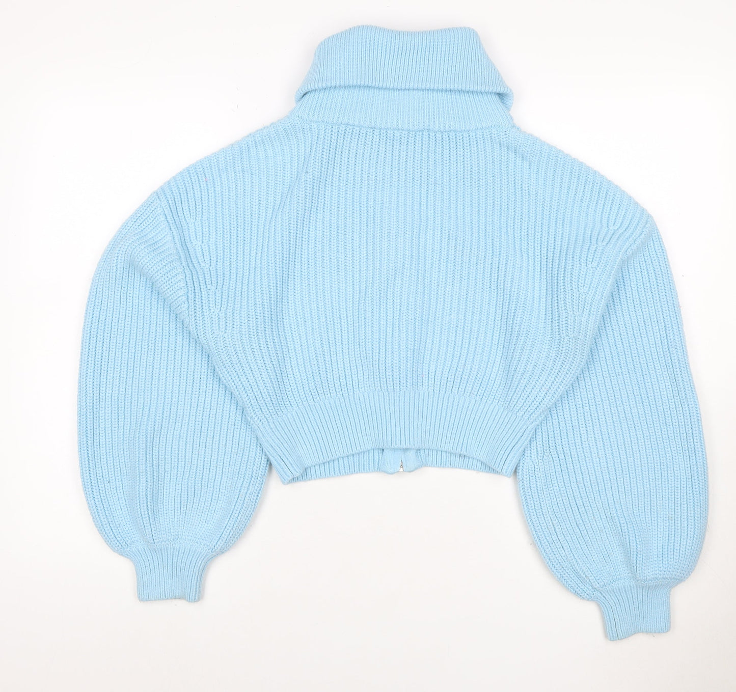 Zara Women Blue M Full Zip Roll Neck Chunky Knit Balloon Sleeve Jumper
