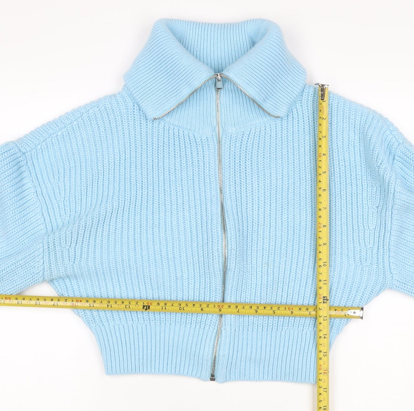 Zara Women Blue M Full Zip Roll Neck Chunky Knit Balloon Sleeve Jumper