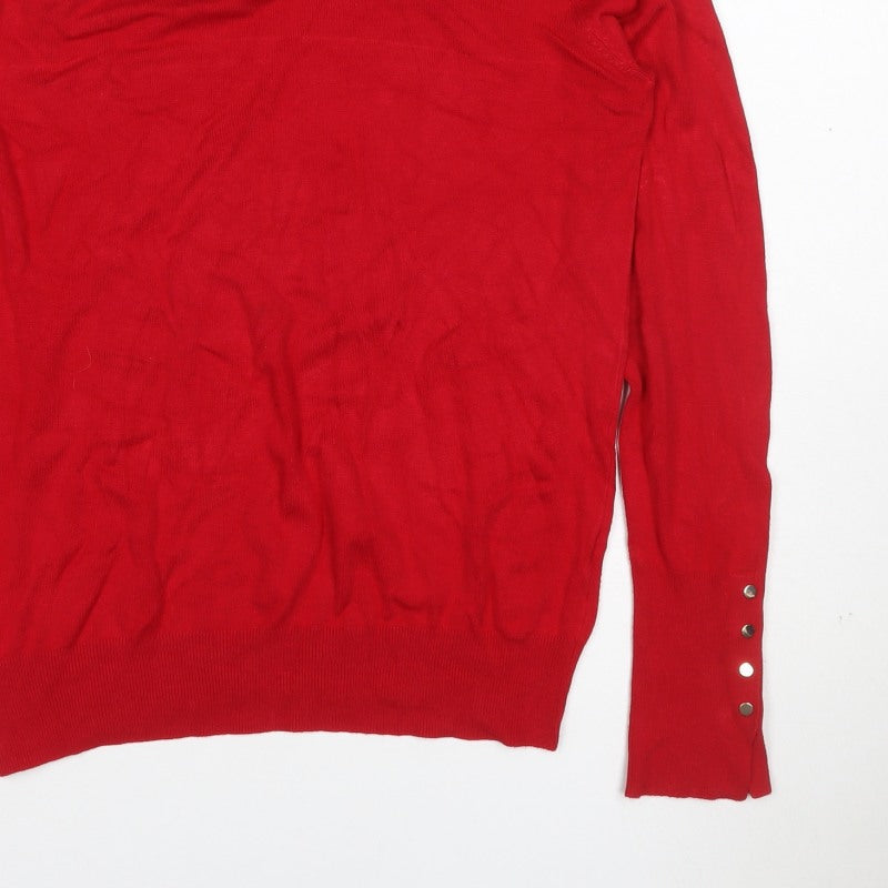 Zara Women Red L Roll Neck Studded Cuff Knit Pullover Jumper