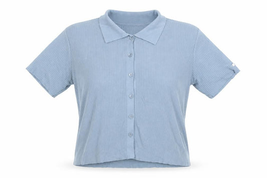 Van Heusen Women Blue M Ribbed Knit Collared Short Sleeve Button-Up Top