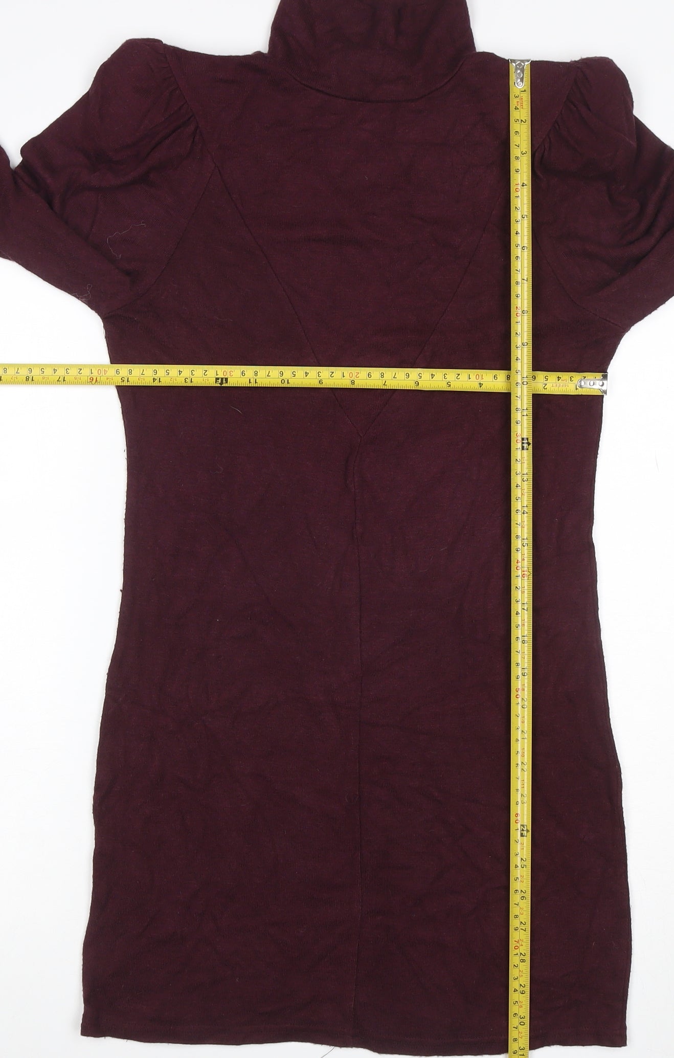 Mango Women Red M Bodycon Knee Dress High Neck Puff Long Sleeve