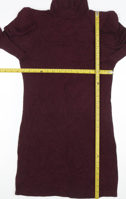 Mango Women Red M Bodycon Knee Dress High Neck Puff Long Sleeve