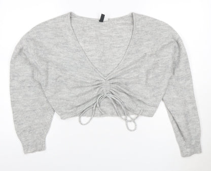 Cubic Women Grey S V-Neck Drawstring Cropped Knit Pullover Jumper