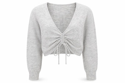 Cubic Women Grey S V-Neck Drawstring Cropped Knit Pullover Jumper