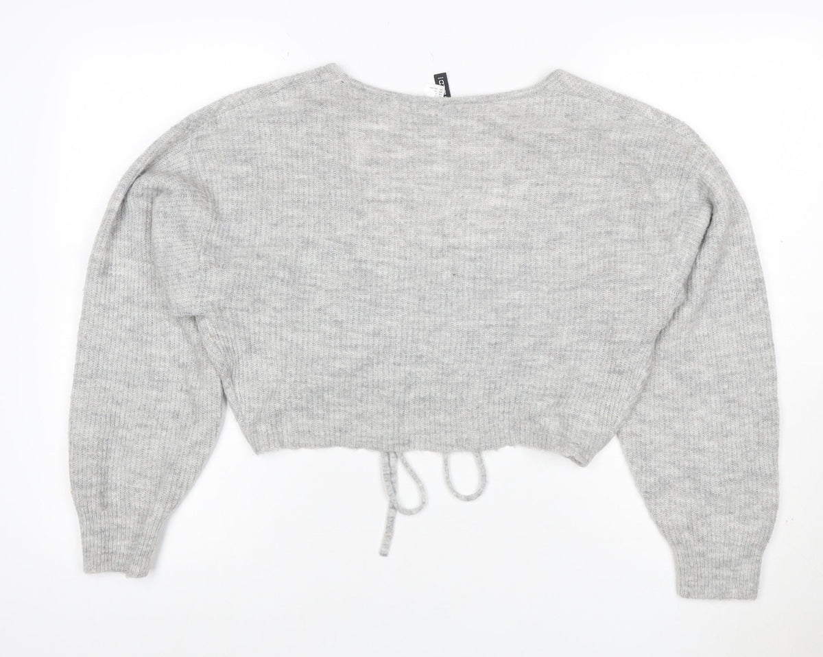 Cubic Women Grey S V-Neck Drawstring Cropped Knit Pullover Jumper
