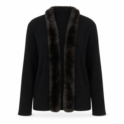 Kasper ASL Women’s Black XL Rib Knit Open Cardigan Fur Trim Wool Blend