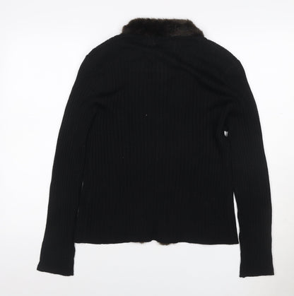 Kasper ASL Women’s Black XL Rib Knit Open Cardigan Fur Trim Wool Blend