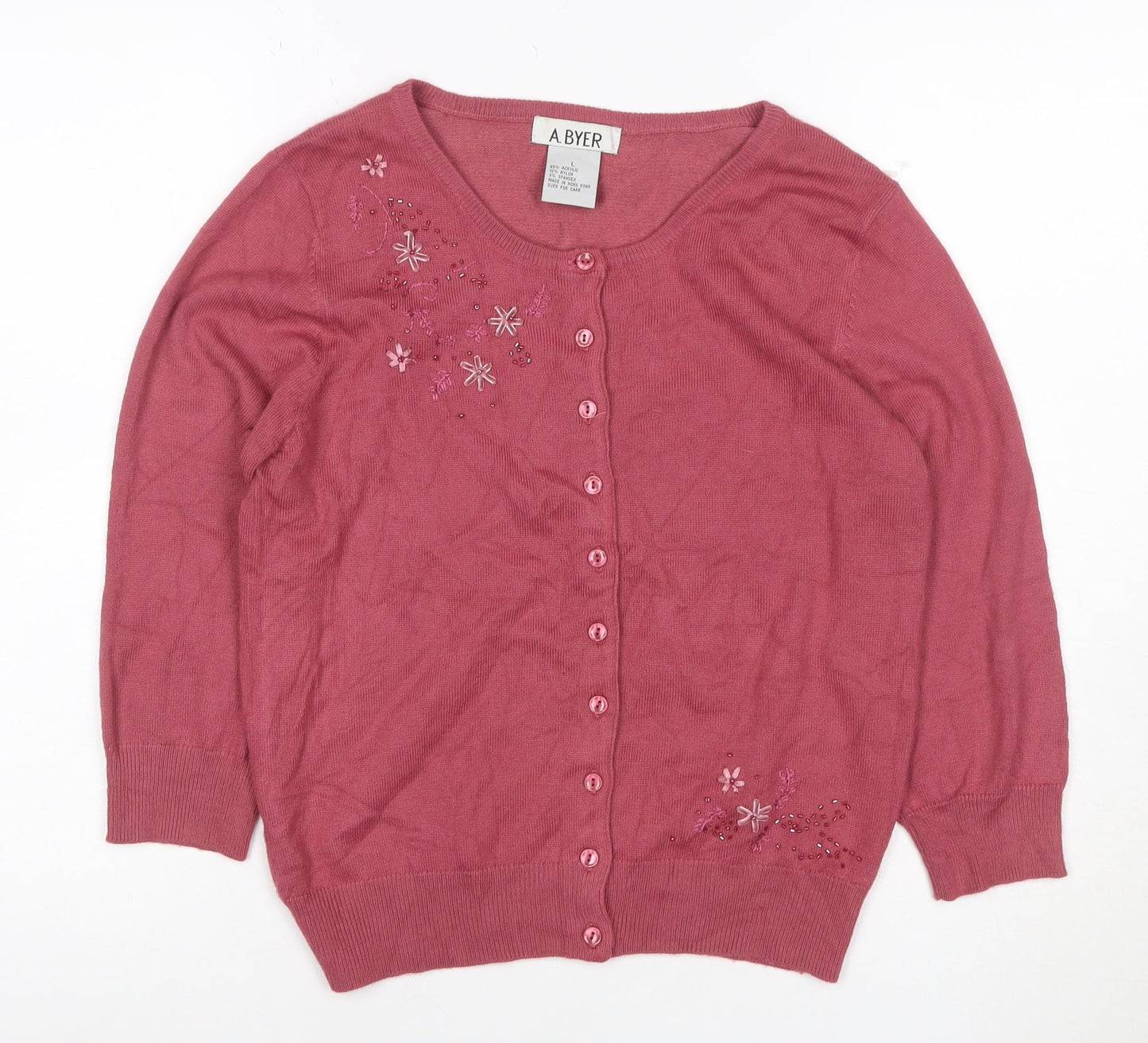 A. Byer Teens Pink L Floral Beaded Embroidered Knit Cardigan