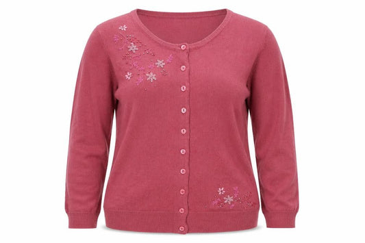 Front view of A. Byer Teens Pink L Floral Beaded Embroidered Knit Cardigan