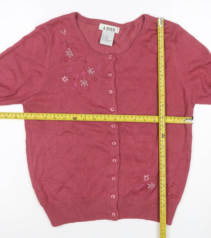 A. Byer Teens Pink L Floral Beaded Embroidered Knit Cardigan