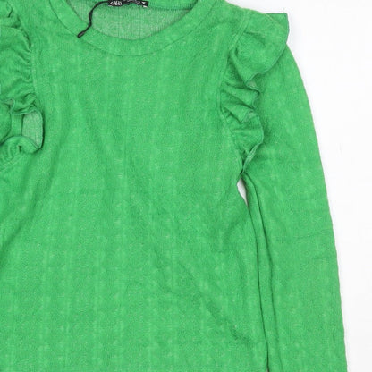 Zara Women Green S Ruffle Shoulder Crew Neck Knit Jumper
