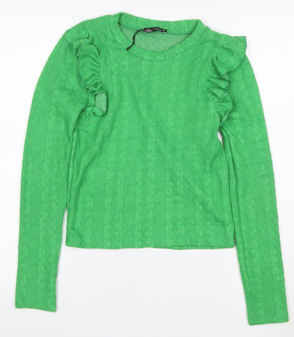 Zara Women Green S Ruffle Shoulder Crew Neck Knit Jumper