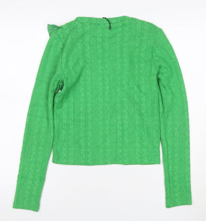 Zara Women Green S Ruffle Shoulder Crew Neck Knit Jumper