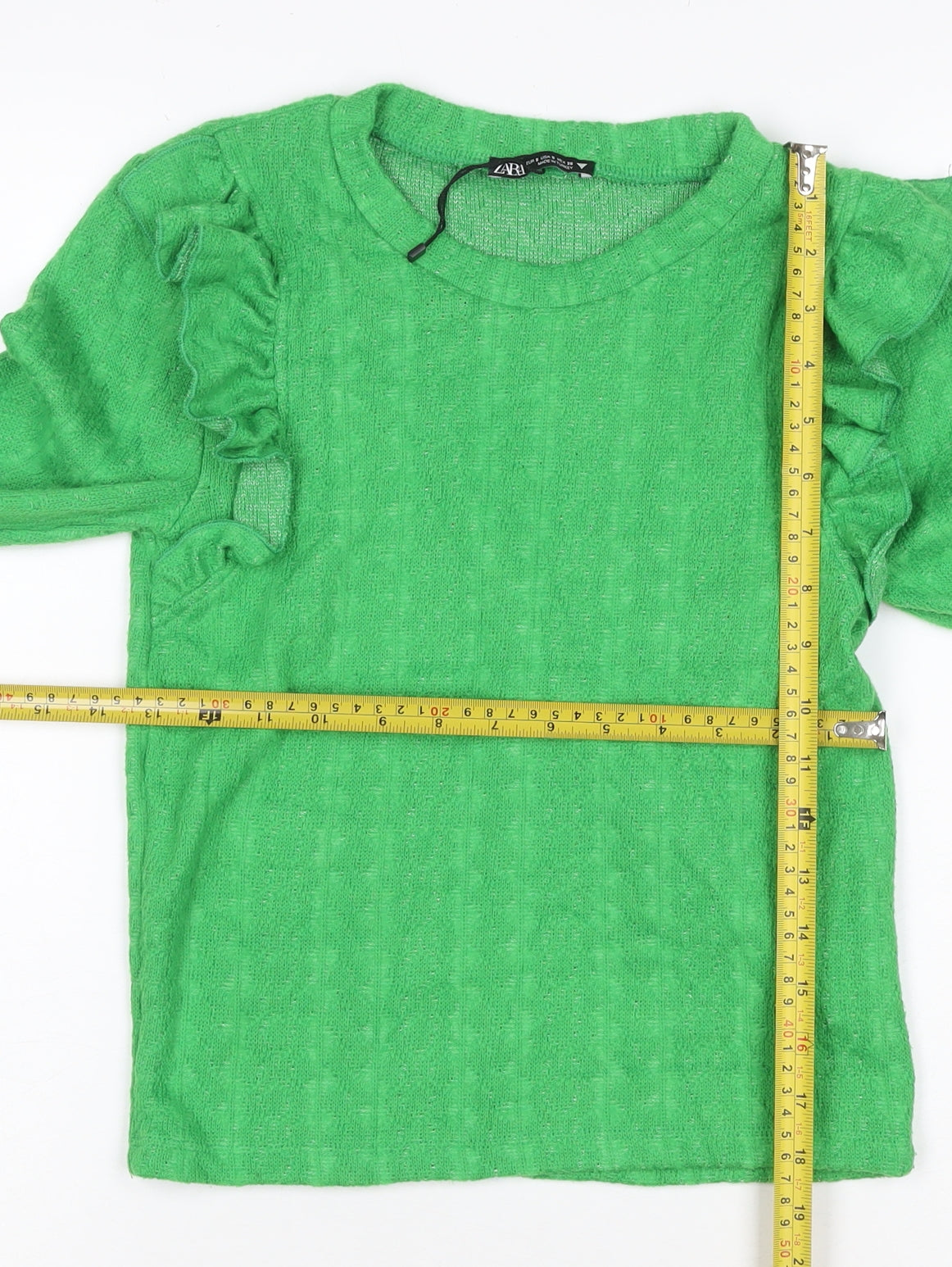 Zara Women Green S Ruffle Shoulder Crew Neck Knit Jumper