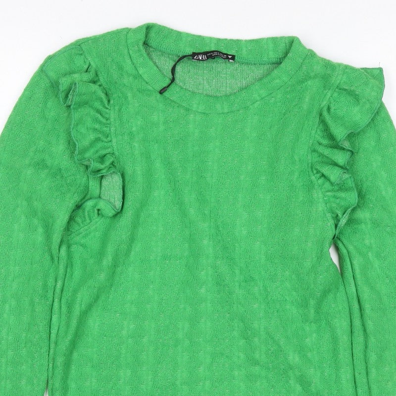 Zara Women Green S Ruffle Shoulder Crew Neck Knit Jumper