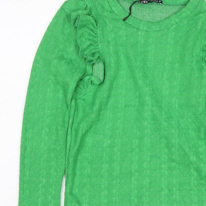 Zara Women Green S Ruffle Shoulder Crew Neck Knit Jumper