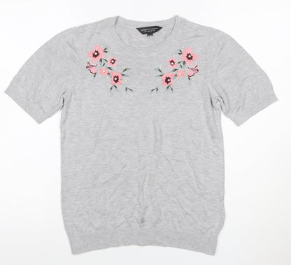 Dorothy Perkins Women Grey UK 8 Basic Embroidered Floral Knit Top