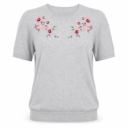 Dorothy Perkins Women Grey UK 8 Basic Embroidered Floral Knit Top