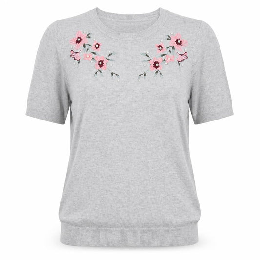 Dorothy Perkins Women Grey UK 8 Basic Embroidered Floral Knit Top