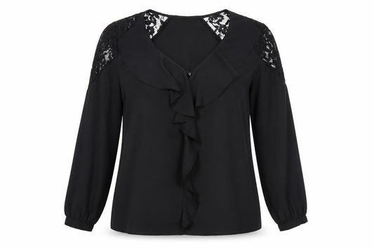 Lipsy Women Black UK 16 Ruffle Lace V-Neck Long Sleeve Blouse