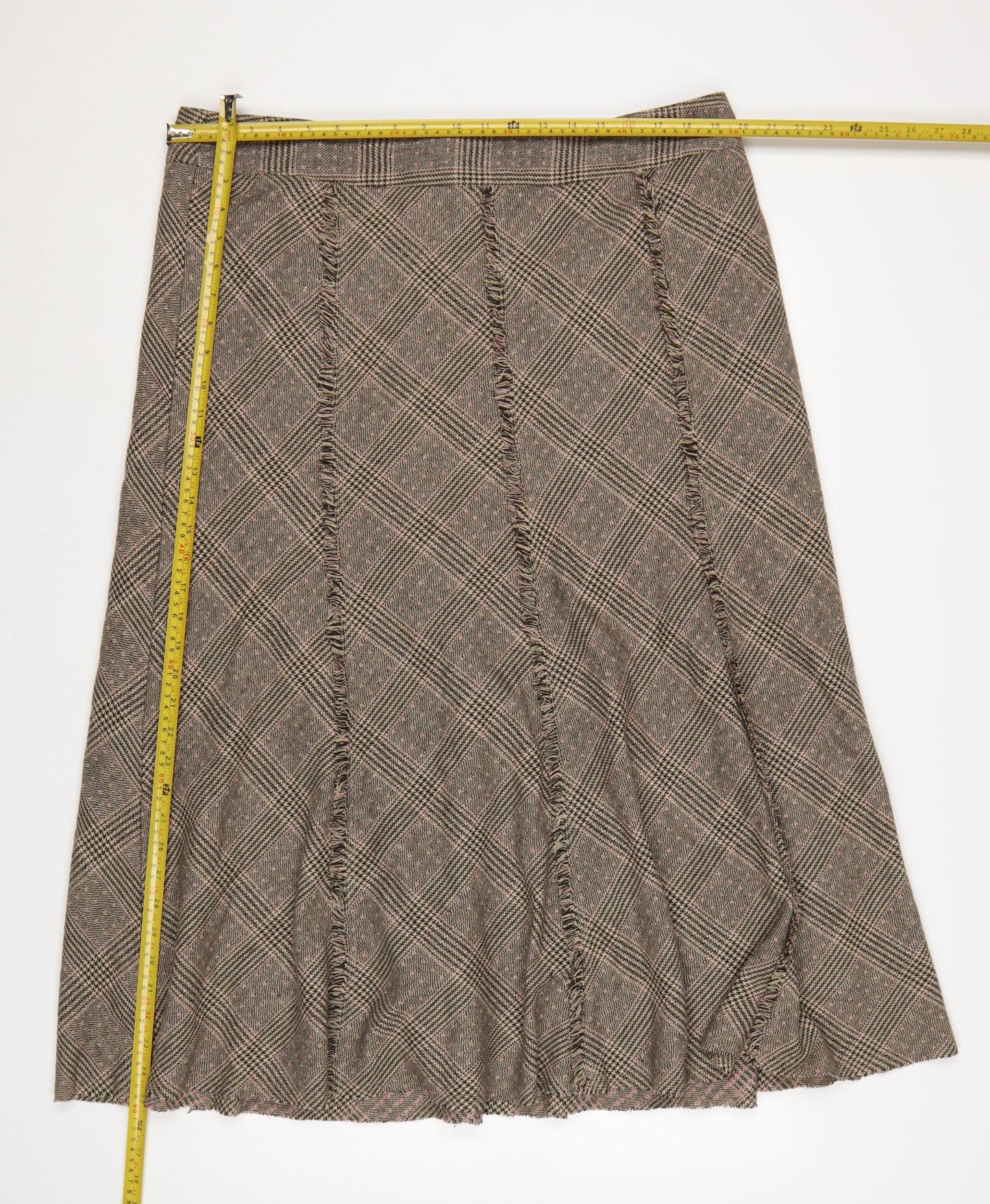 Laura Ashley Women Grey Check A-Line Long Tweed Fringe Skirt UK 20