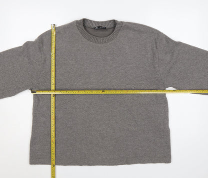 Zara Women Grey L Fine Knit Crew Neck Long Sleeve Pullover Jumper