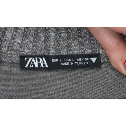 Zara Women Grey L Fine Knit Crew Neck Long Sleeve Pullover Jumper