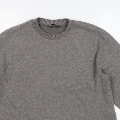 Zara Women Grey L Fine Knit Crew Neck Long Sleeve Pullover Jumper