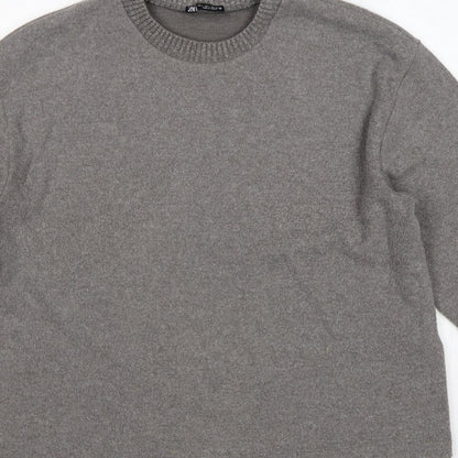 Zara Women Grey L Fine Knit Crew Neck Long Sleeve Pullover Jumper