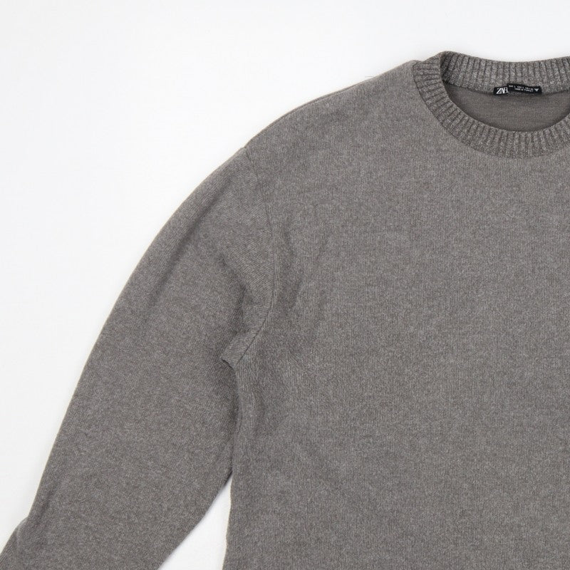 Zara Women Grey L Fine Knit Crew Neck Long Sleeve Pullover Jumper
