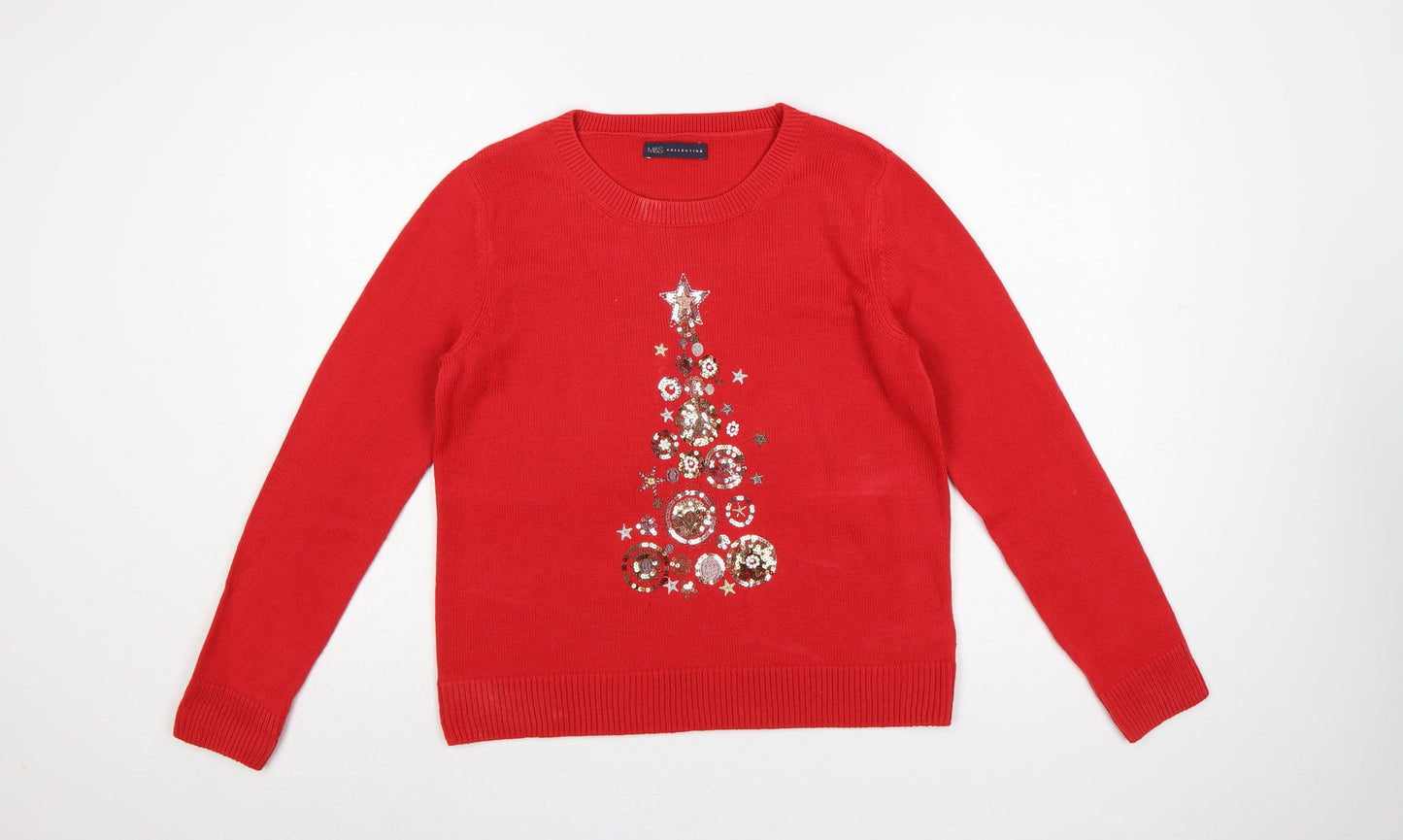 Marks and Spencer Women Red M Christmas Sequin Tree Raglan Jumper